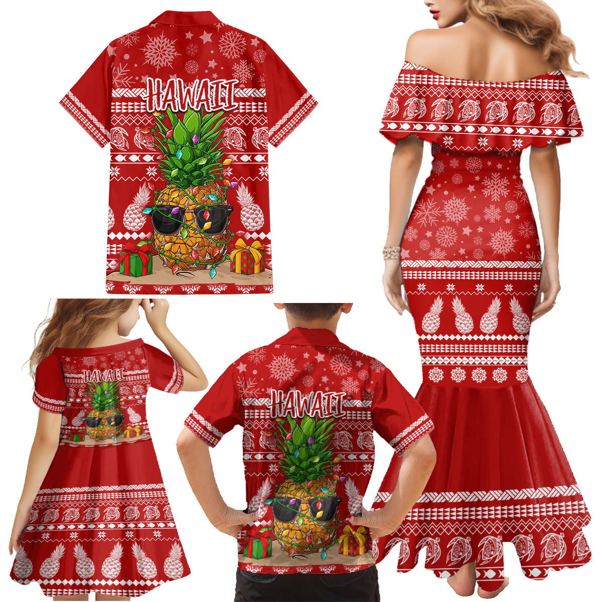 Hawaii Pineapple Christmas Family Matching Mermaid Dress and Hawaiian Shirt Mele Kalikimaka LT7 - Wonder Print Shop
