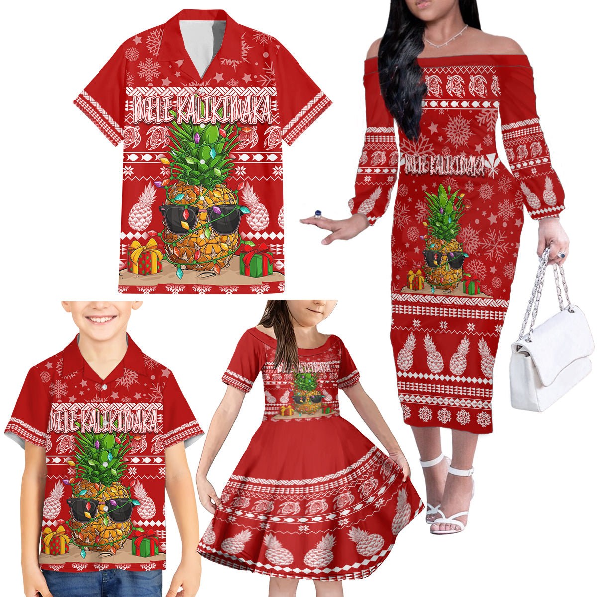 Hawaii Pineapple Christmas Family Matching Off Shoulder Long Sleeve Dress and Hawaiian Shirt Mele Kalikimaka - Wonder Print Shop