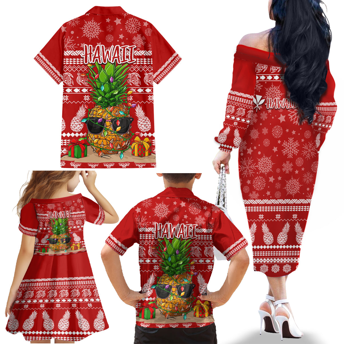Hawaii Pineapple Christmas Family Matching Off Shoulder Long Sleeve Dress and Hawaiian Shirt Mele Kalikimaka - Wonder Print Shop