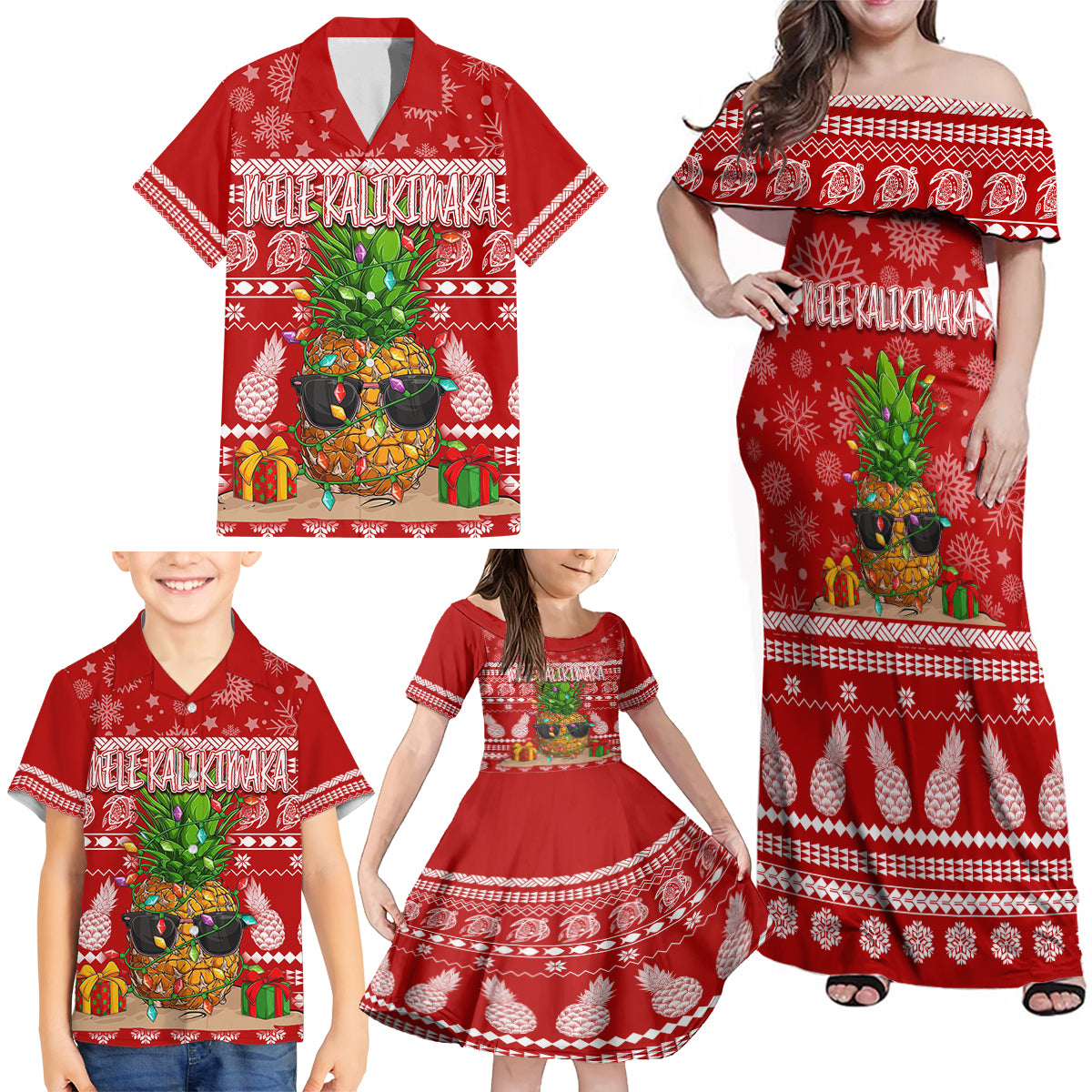 Hawaii Pineapple Christmas Family Matching Off Shoulder Maxi Dress and Hawaiian Shirt Mele Kalikimaka LT7 - Wonder Print Shop