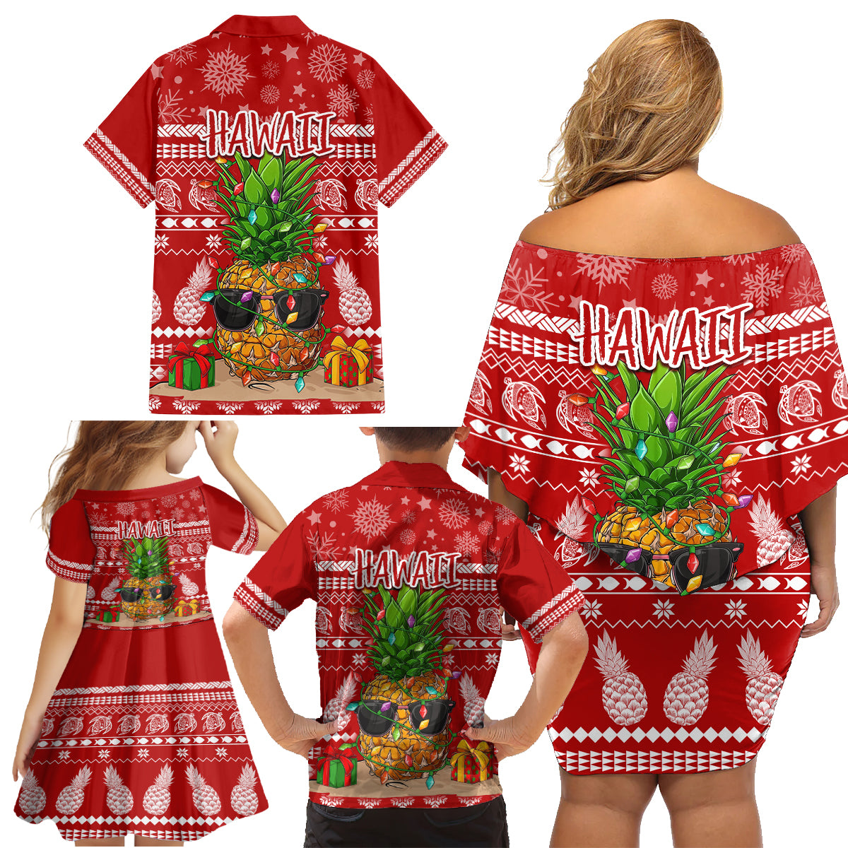 Hawaii Pineapple Christmas Family Matching Off Shoulder Short Dress and Hawaiian Shirt Mele Kalikimaka LT7 - Wonder Print Shop
