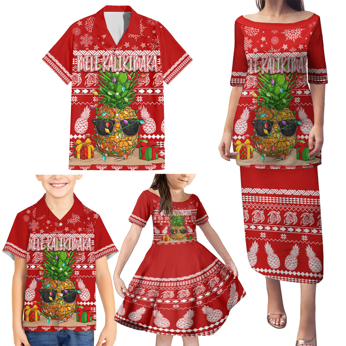 Hawaii Pineapple Christmas Family Matching Puletasi Dress and Hawaiian Shirt Mele Kalikimaka - Wonder Print Shop