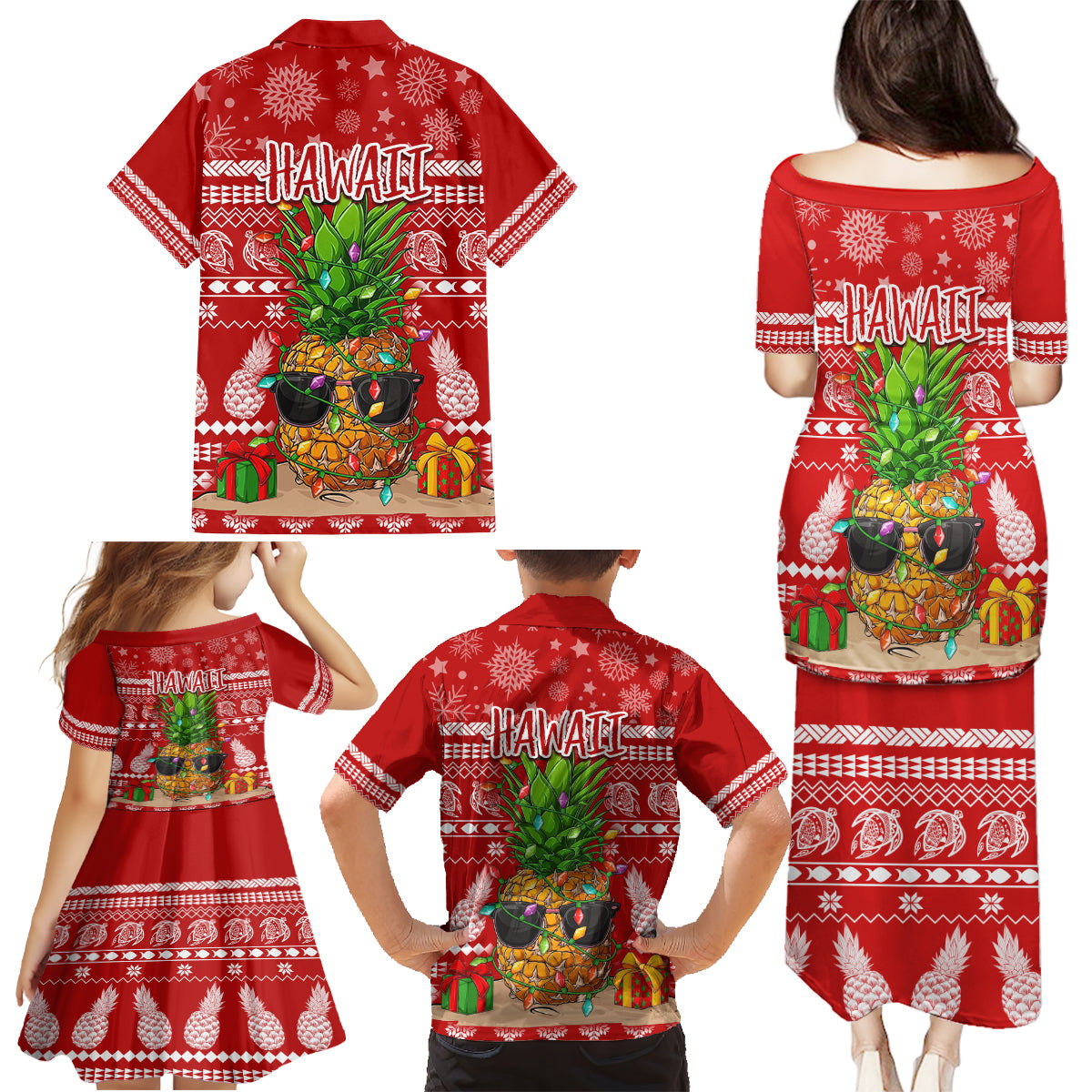 Hawaii Pineapple Christmas Family Matching Puletasi Dress and Hawaiian Shirt Mele Kalikimaka - Wonder Print Shop