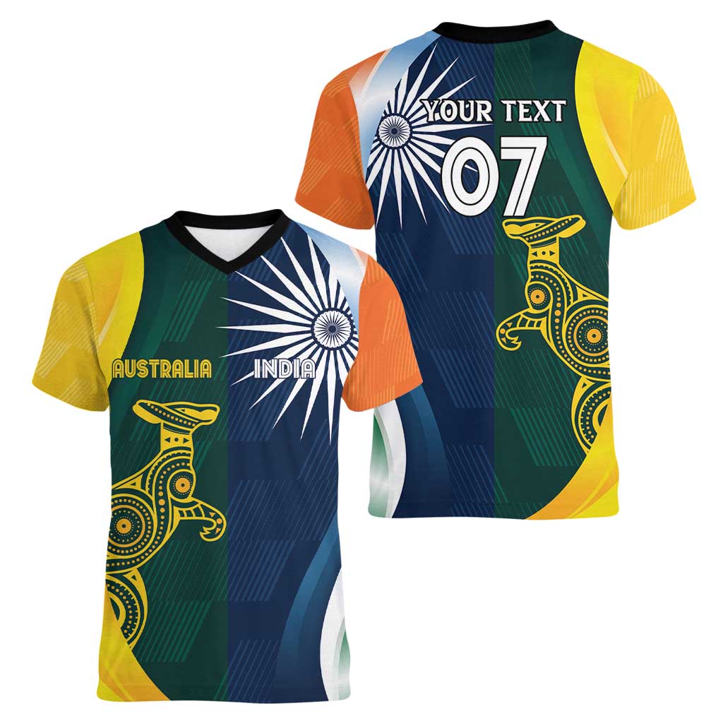 Custom India and Australia Cricket Women V-Neck T-Shirt Special Half-Half Mix - Wonder Print Shop
