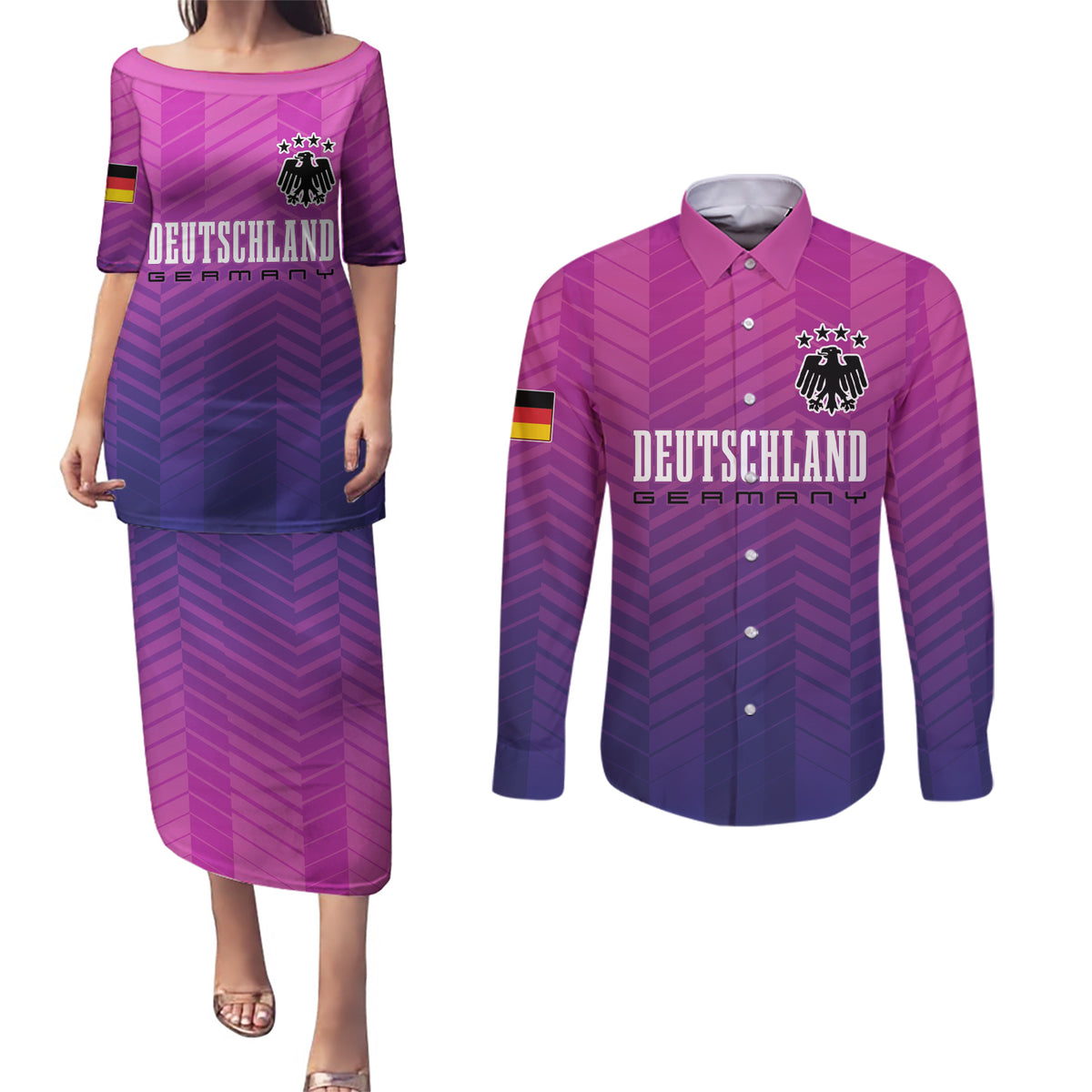 Germany Football Couples Matching Puletasi and Long Sleeve Button Shirt Nationalelf Pink Revolution LT7 - Wonder Print Shop