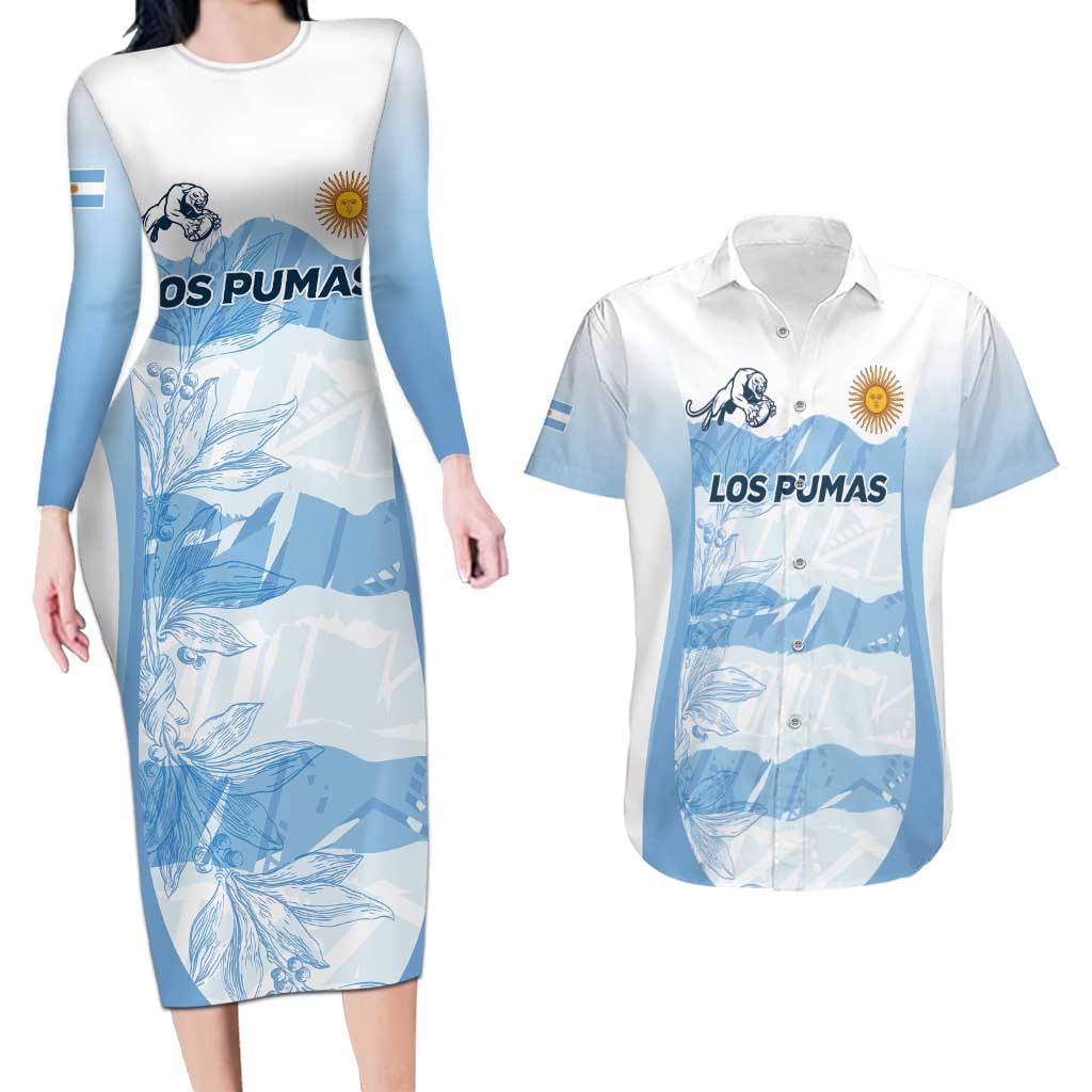 Argentina Rugby Los Pumas Custom Couples Matching Long Sleeve Bodycon Dress and Hawaiian Shirt Traditional Colors - Wonder Print Shop