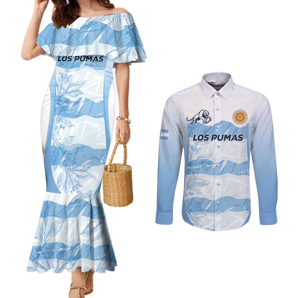 Argentina Rugby Los Pumas Custom Couples Matching Mermaid Dress and Long Sleeve Button Shirt Traditional Colors - Wonder Print Shop