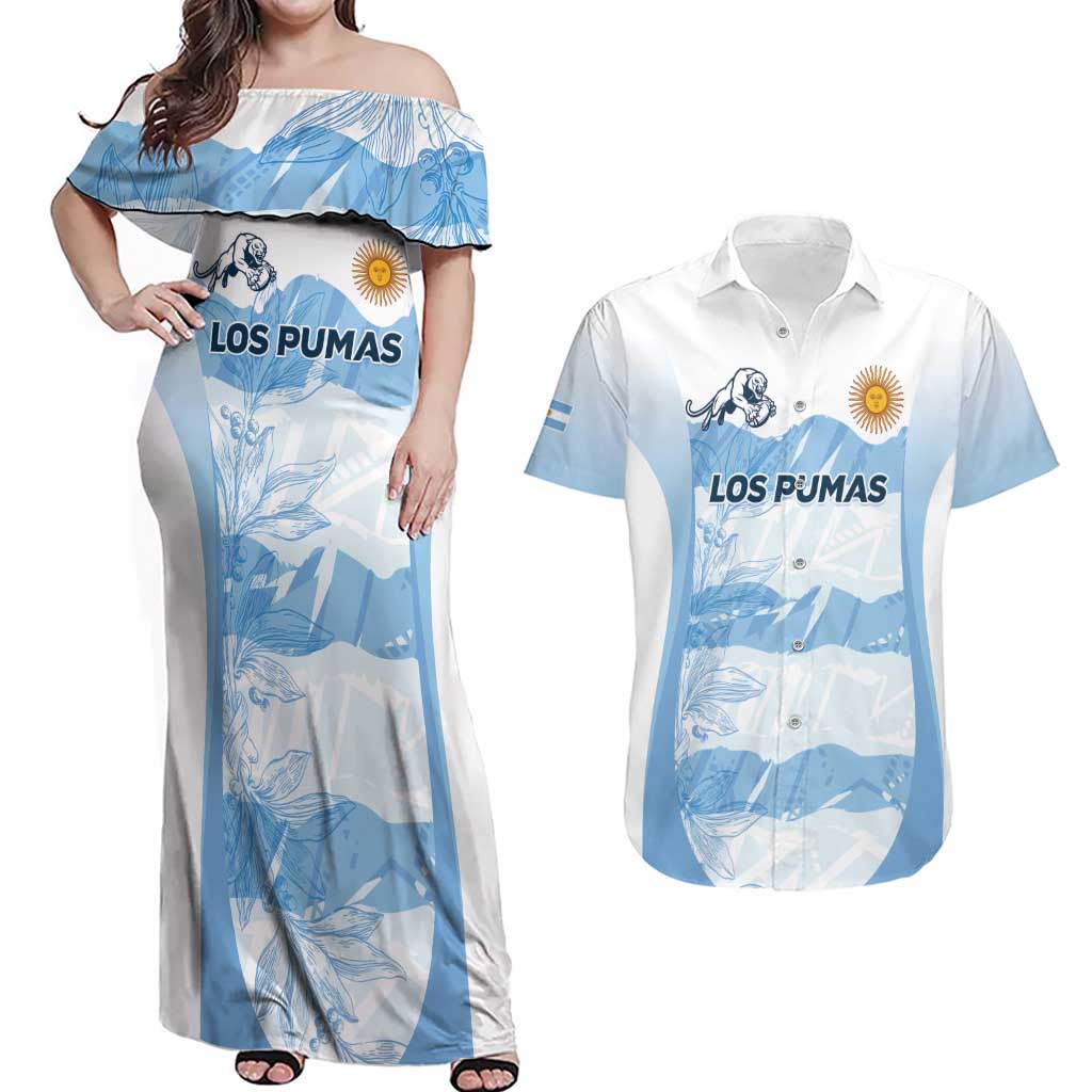 Argentina Rugby Los Pumas Custom Couples Matching Off Shoulder Maxi Dress and Hawaiian Shirt Traditional Colors - Wonder Print Shop