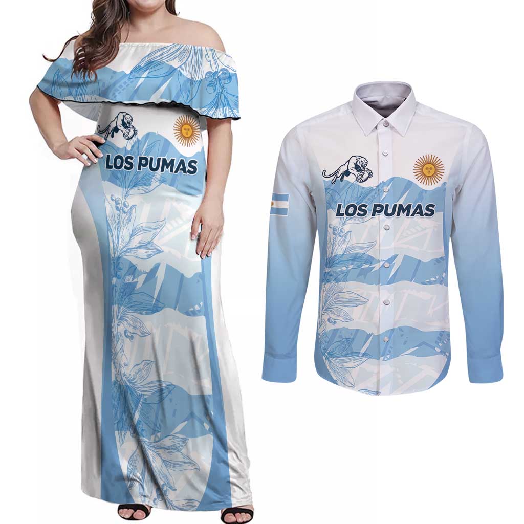 Argentina Rugby Los Pumas Custom Couples Matching Off Shoulder Maxi Dress and Long Sleeve Button Shirt Traditional Colors - Wonder Print Shop