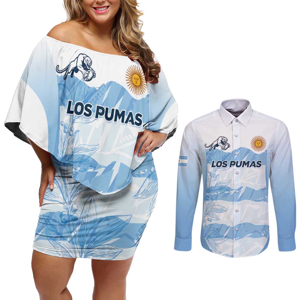Argentina Rugby Los Pumas Custom Couples Matching Off Shoulder Short Dress and Long Sleeve Button Shirt Traditional Colors - Wonder Print Shop