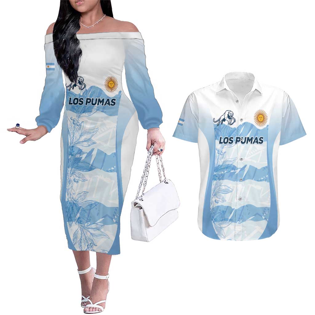 Argentina Rugby Los Pumas Custom Couples Matching Off The Shoulder Long Sleeve Dress and Hawaiian Shirt Traditional Colors - Wonder Print Shop