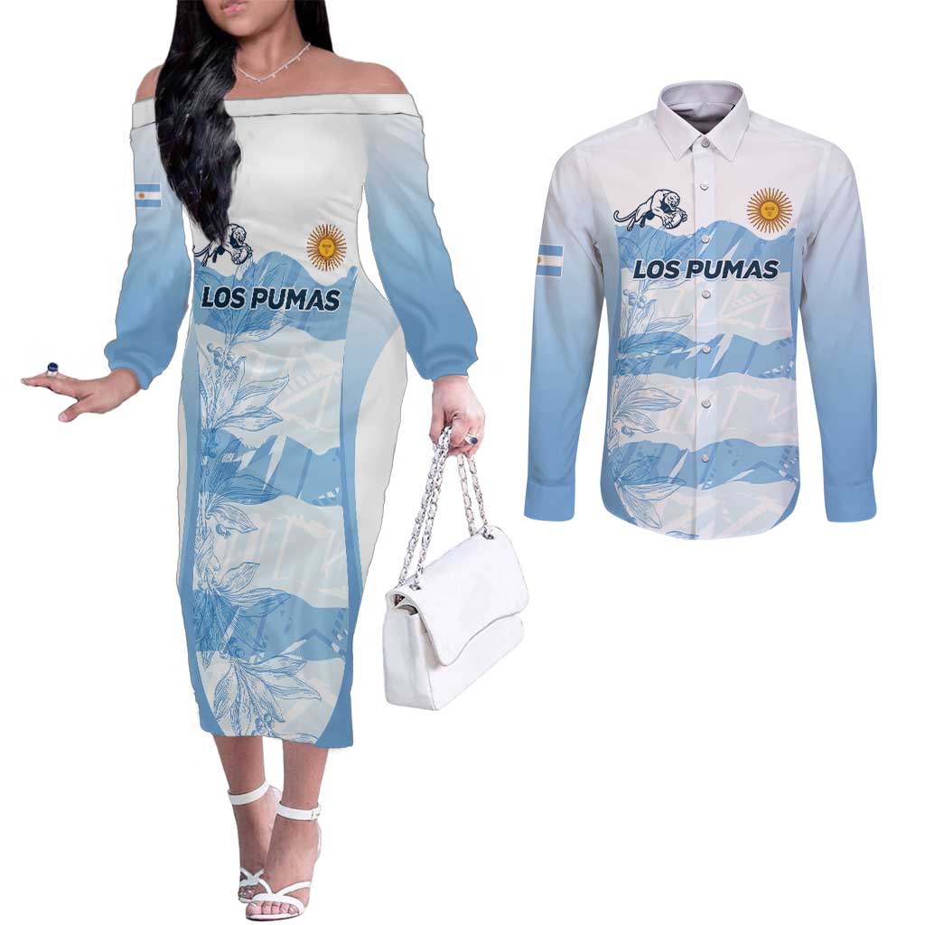 Argentina Rugby Los Pumas Custom Couples Matching Off The Shoulder Long Sleeve Dress and Long Sleeve Button Shirt Traditional Colors - Wonder Print Shop