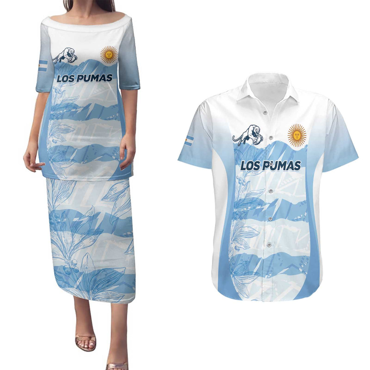 Argentina Rugby Los Pumas Custom Couples Matching Puletasi and Hawaiian Shirt Traditional Colors - Wonder Print Shop