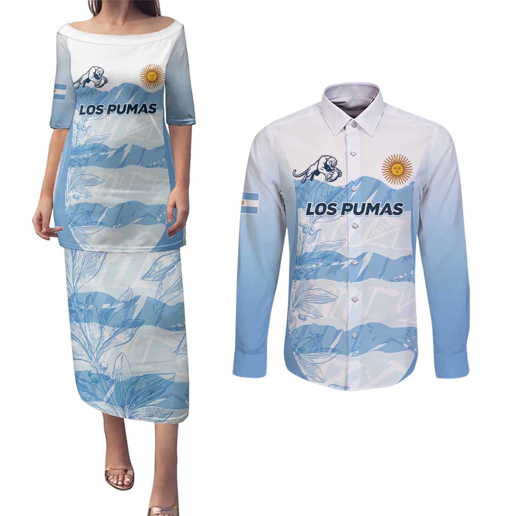 Argentina Rugby Los Pumas Custom Couples Matching Puletasi and Long Sleeve Button Shirt Traditional Colors - Wonder Print Shop