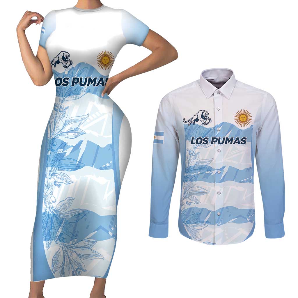 Argentina Rugby Los Pumas Custom Couples Matching Short Sleeve Bodycon Dress and Long Sleeve Button Shirt Traditional Colors - Wonder Print Shop