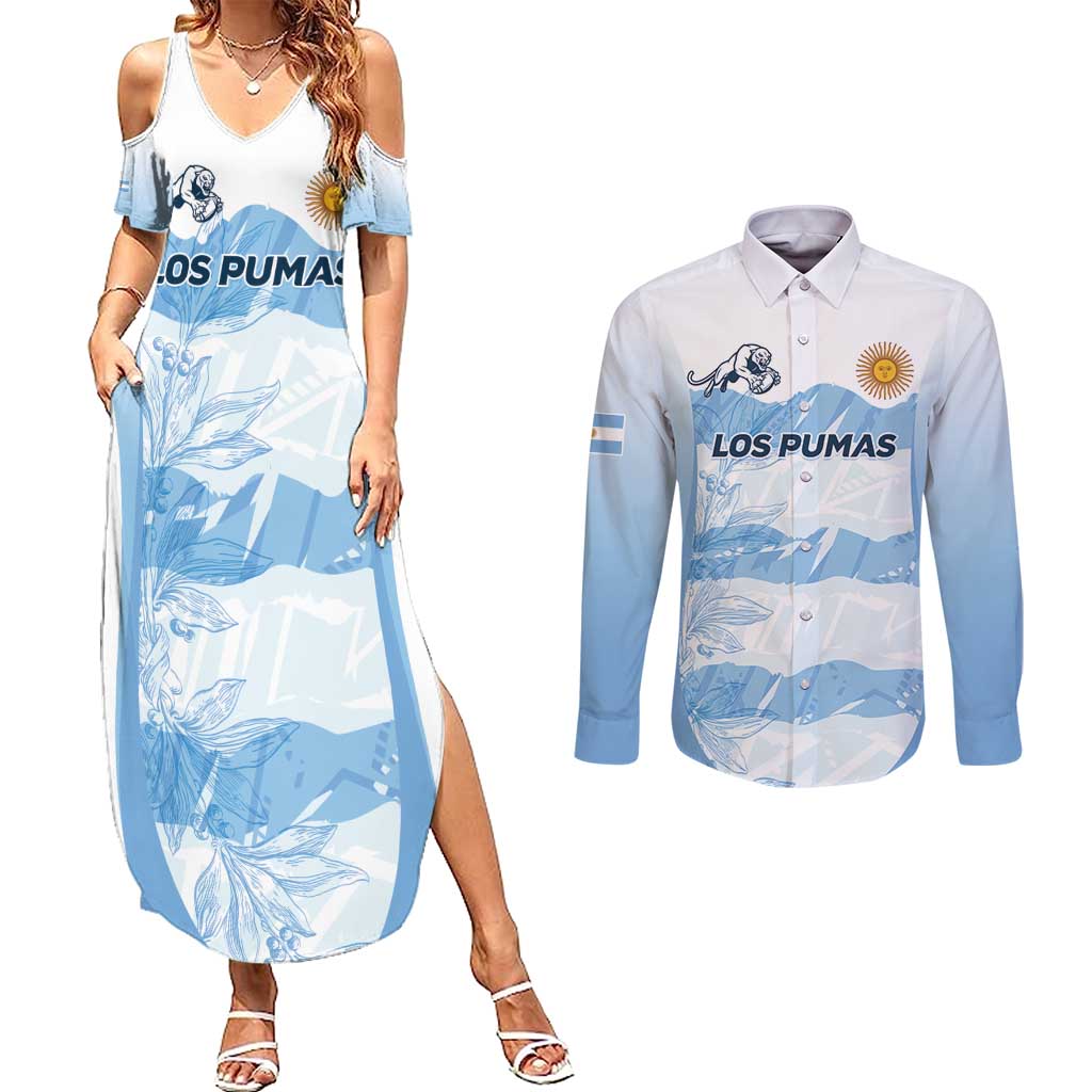 Argentina Rugby Los Pumas Custom Couples Matching Summer Maxi Dress and Long Sleeve Button Shirt Traditional Colors - Wonder Print Shop