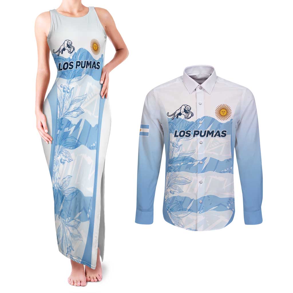 Argentina Rugby Los Pumas Custom Couples Matching Tank Maxi Dress and Long Sleeve Button Shirt Traditional Colors - Wonder Print Shop