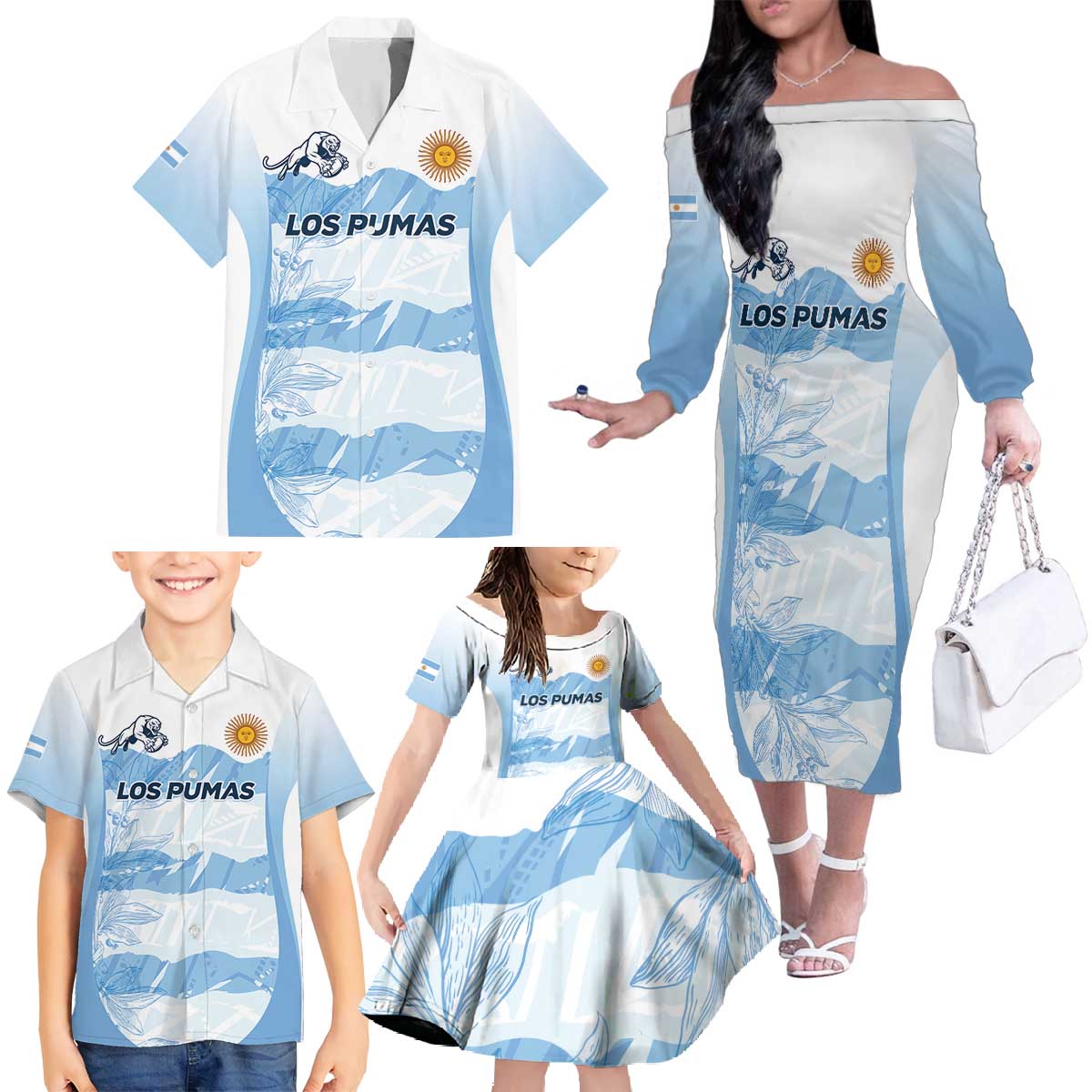 Argentina Rugby Los Pumas Custom Family Matching Off The Shoulder Long Sleeve Dress and Hawaiian Shirt Traditional Colors - Wonder Print Shop