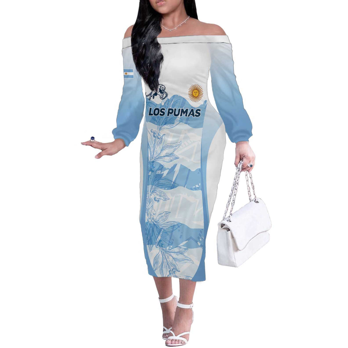 Argentina Rugby Los Pumas Custom Off The Shoulder Long Sleeve Dress Traditional Colors - Wonder Print Shop