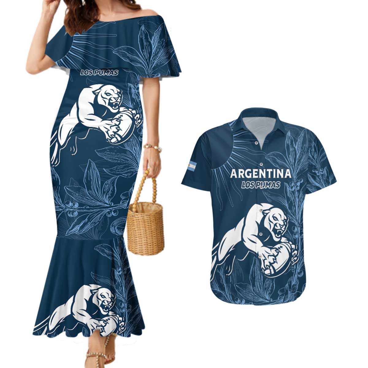 Argentina Rugby Los Pumas Custom Couples Matching Mermaid Dress and Hawaiian Shirt Laurel Wreath Inspired - Wonder Print Shop
