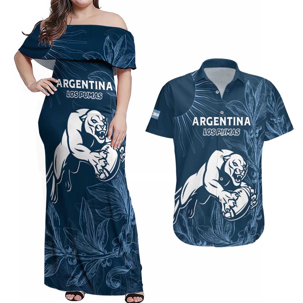 Argentina Rugby Los Pumas Custom Couples Matching Off Shoulder Maxi Dress and Hawaiian Shirt Laurel Wreath Inspired - Wonder Print Shop