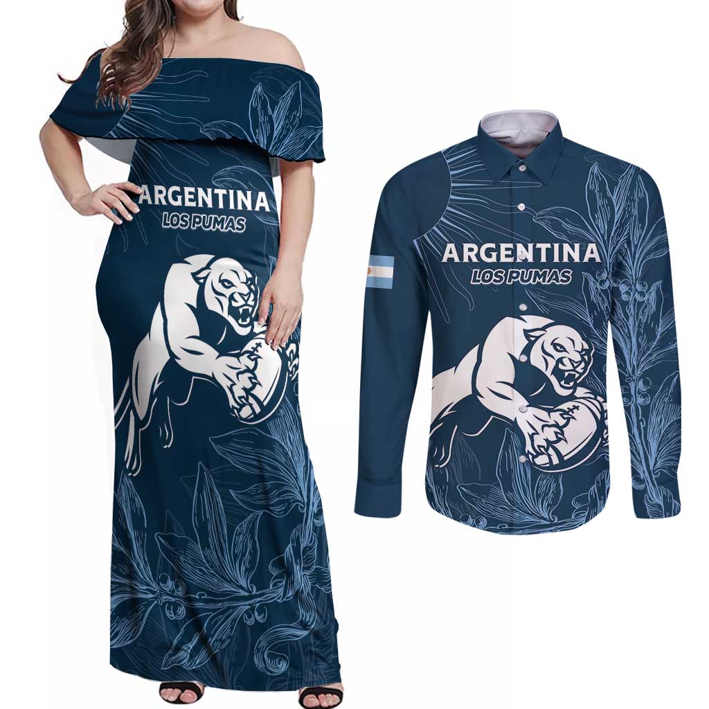 Argentina Rugby Los Pumas Custom Couples Matching Off Shoulder Maxi Dress and Long Sleeve Button Shirt Laurel Wreath Inspired - Wonder Print Shop