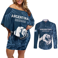 Argentina Rugby Los Pumas Custom Couples Matching Off Shoulder Short Dress and Long Sleeve Button Shirt Laurel Wreath Inspired - Wonder Print Shop