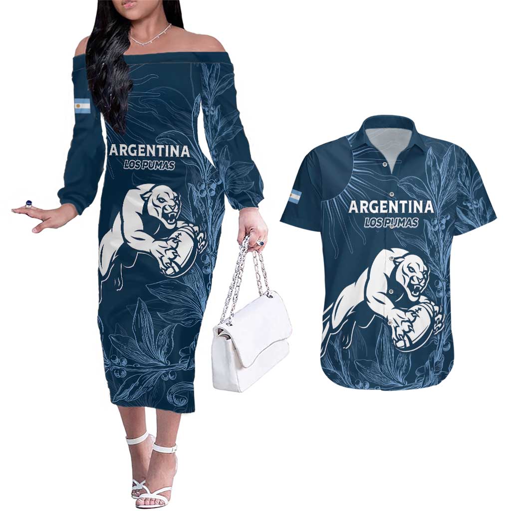 Argentina Rugby Los Pumas Custom Couples Matching Off The Shoulder Long Sleeve Dress and Hawaiian Shirt Laurel Wreath Inspired - Wonder Print Shop