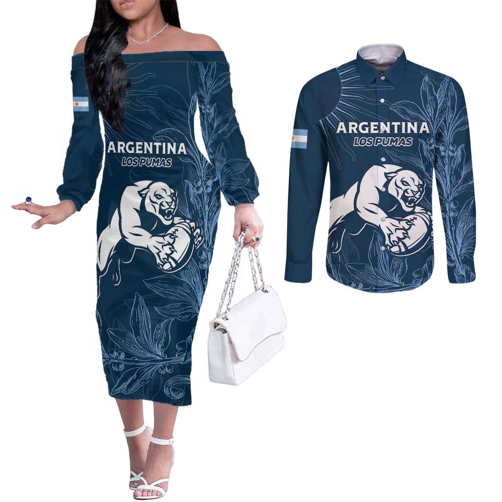 Argentina Rugby Los Pumas Custom Couples Matching Off The Shoulder Long Sleeve Dress and Long Sleeve Button Shirt Laurel Wreath Inspired - Wonder Print Shop