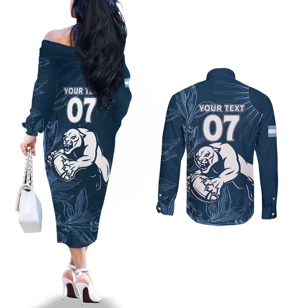 Argentina Rugby Los Pumas Custom Couples Matching Off The Shoulder Long Sleeve Dress and Long Sleeve Button Shirt Laurel Wreath Inspired - Wonder Print Shop