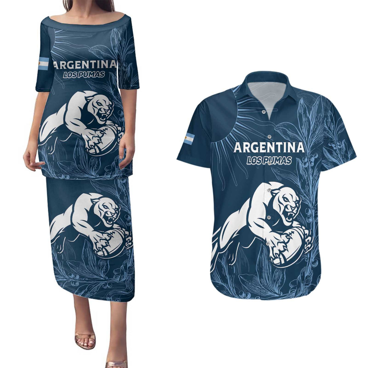 Argentina Rugby Los Pumas Custom Couples Matching Puletasi and Hawaiian Shirt Laurel Wreath Inspired - Wonder Print Shop