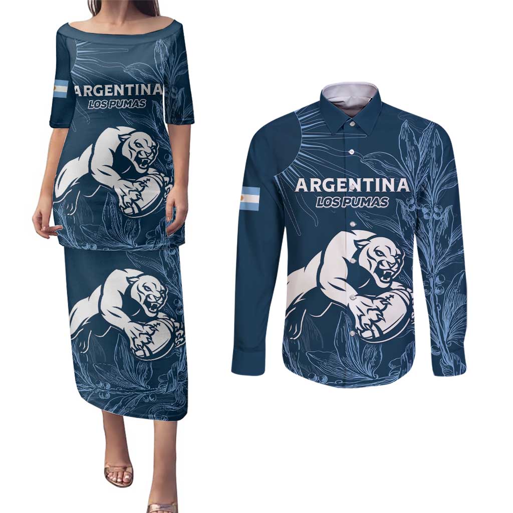 Argentina Rugby Los Pumas Custom Couples Matching Puletasi and Long Sleeve Button Shirt Laurel Wreath Inspired - Wonder Print Shop