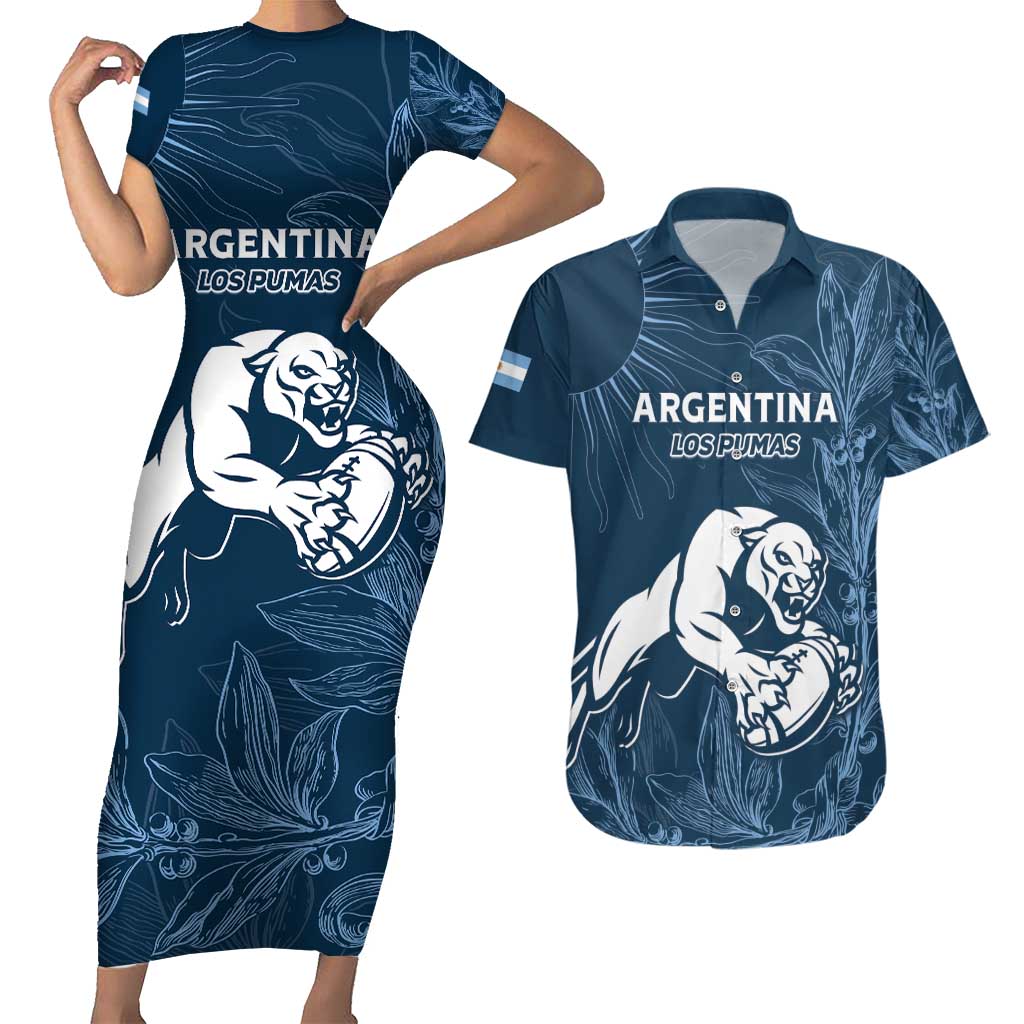Argentina Rugby Los Pumas Custom Couples Matching Short Sleeve Bodycon Dress and Hawaiian Shirt Laurel Wreath Inspired - Wonder Print Shop