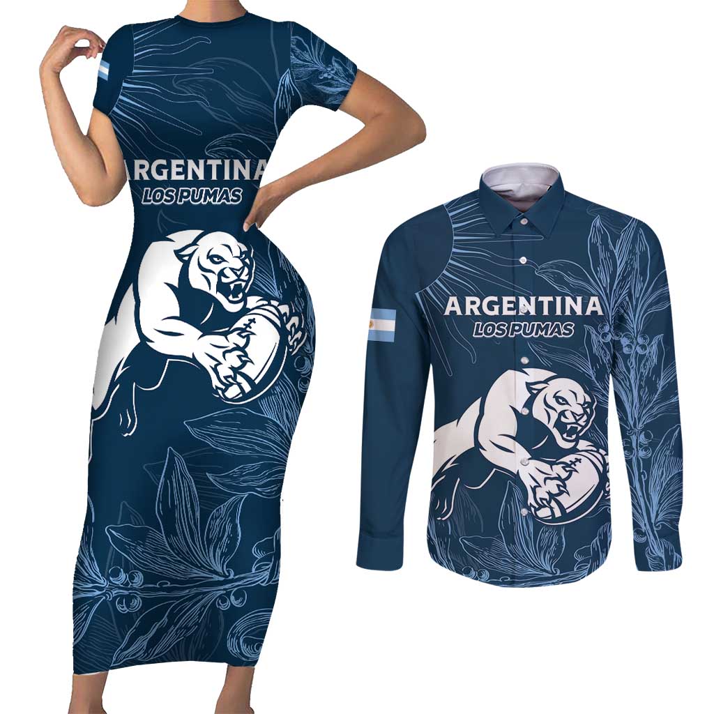 Argentina Rugby Los Pumas Custom Couples Matching Short Sleeve Bodycon Dress and Long Sleeve Button Shirt Laurel Wreath Inspired - Wonder Print Shop