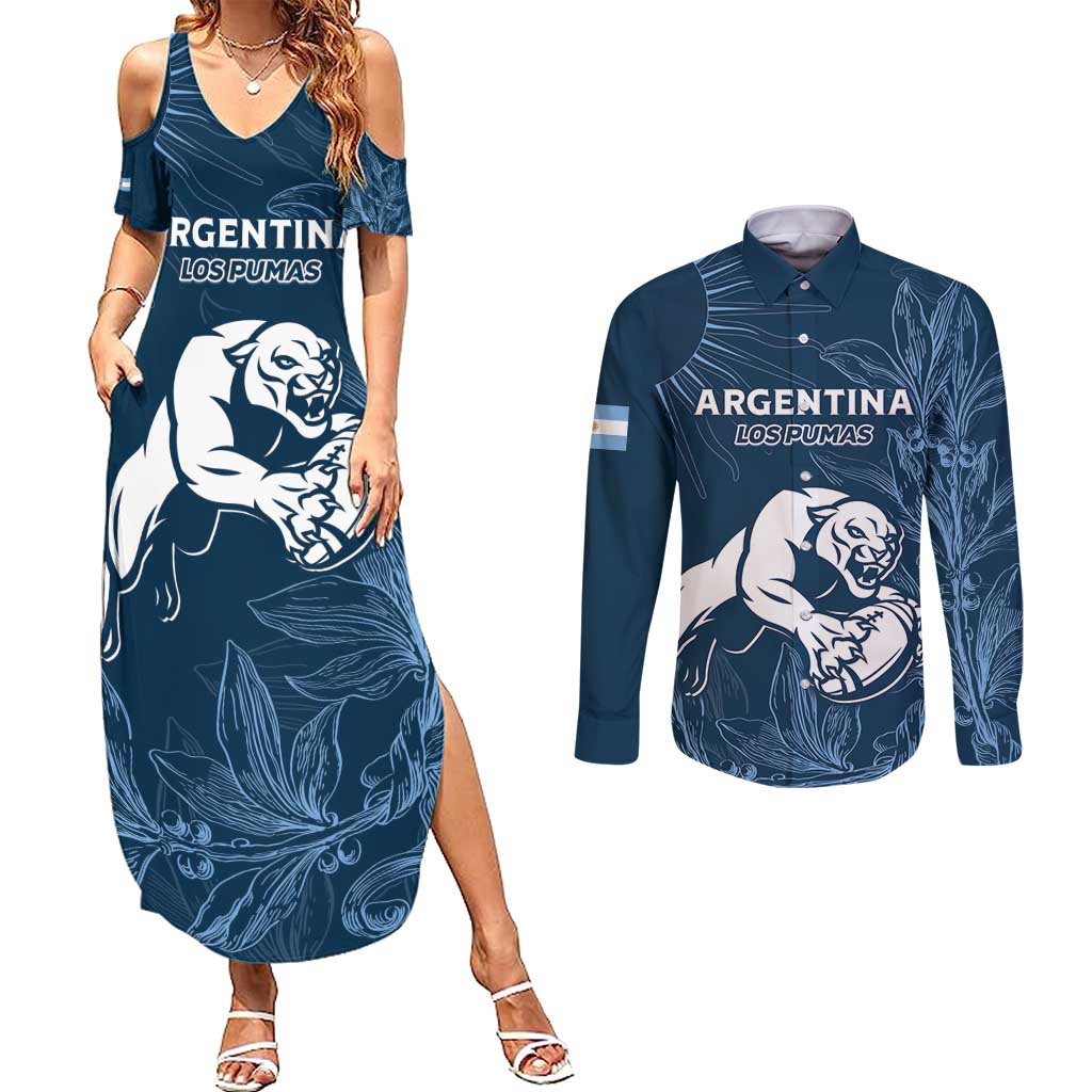 Argentina Rugby Los Pumas Custom Couples Matching Summer Maxi Dress and Long Sleeve Button Shirt Laurel Wreath Inspired - Wonder Print Shop