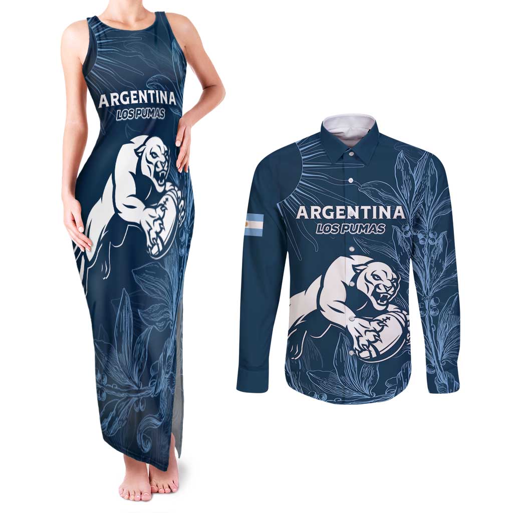 Argentina Rugby Los Pumas Custom Couples Matching Tank Maxi Dress and Long Sleeve Button Shirt Laurel Wreath Inspired - Wonder Print Shop