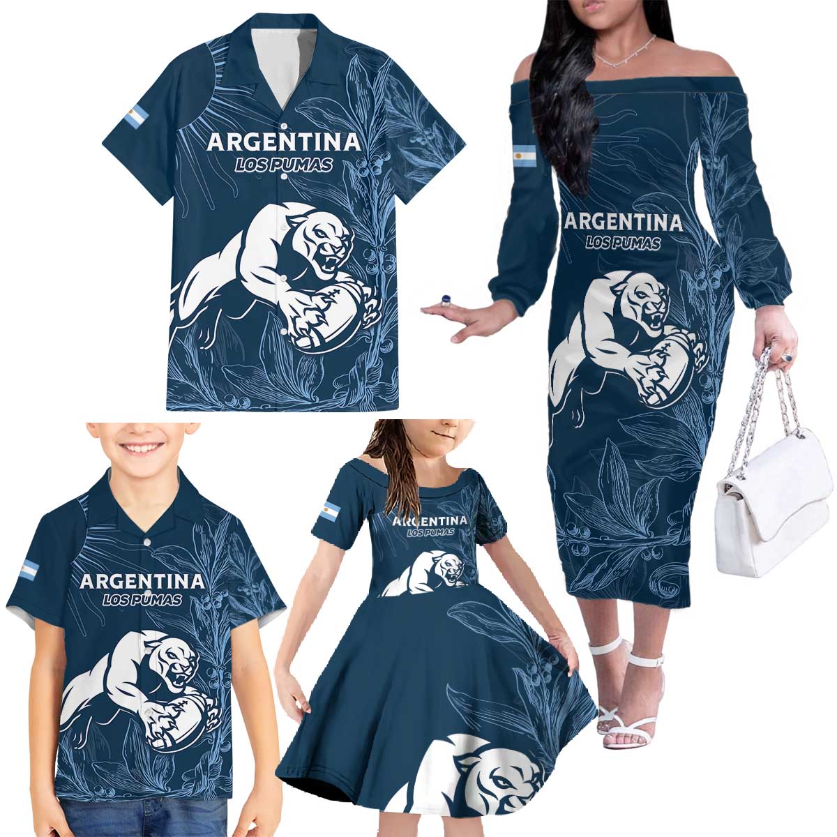 Argentina Rugby Los Pumas Custom Family Matching Off The Shoulder Long Sleeve Dress and Hawaiian Shirt Laurel Wreath Inspired - Wonder Print Shop