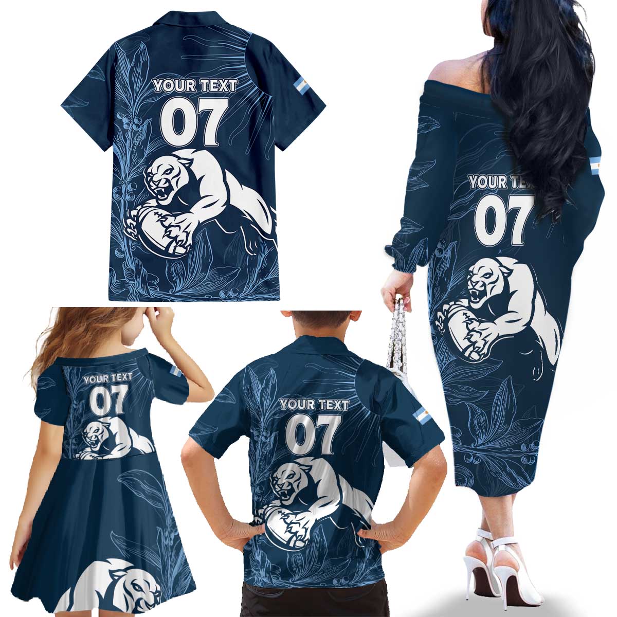Argentina Rugby Los Pumas Custom Family Matching Off The Shoulder Long Sleeve Dress and Hawaiian Shirt Laurel Wreath Inspired - Wonder Print Shop