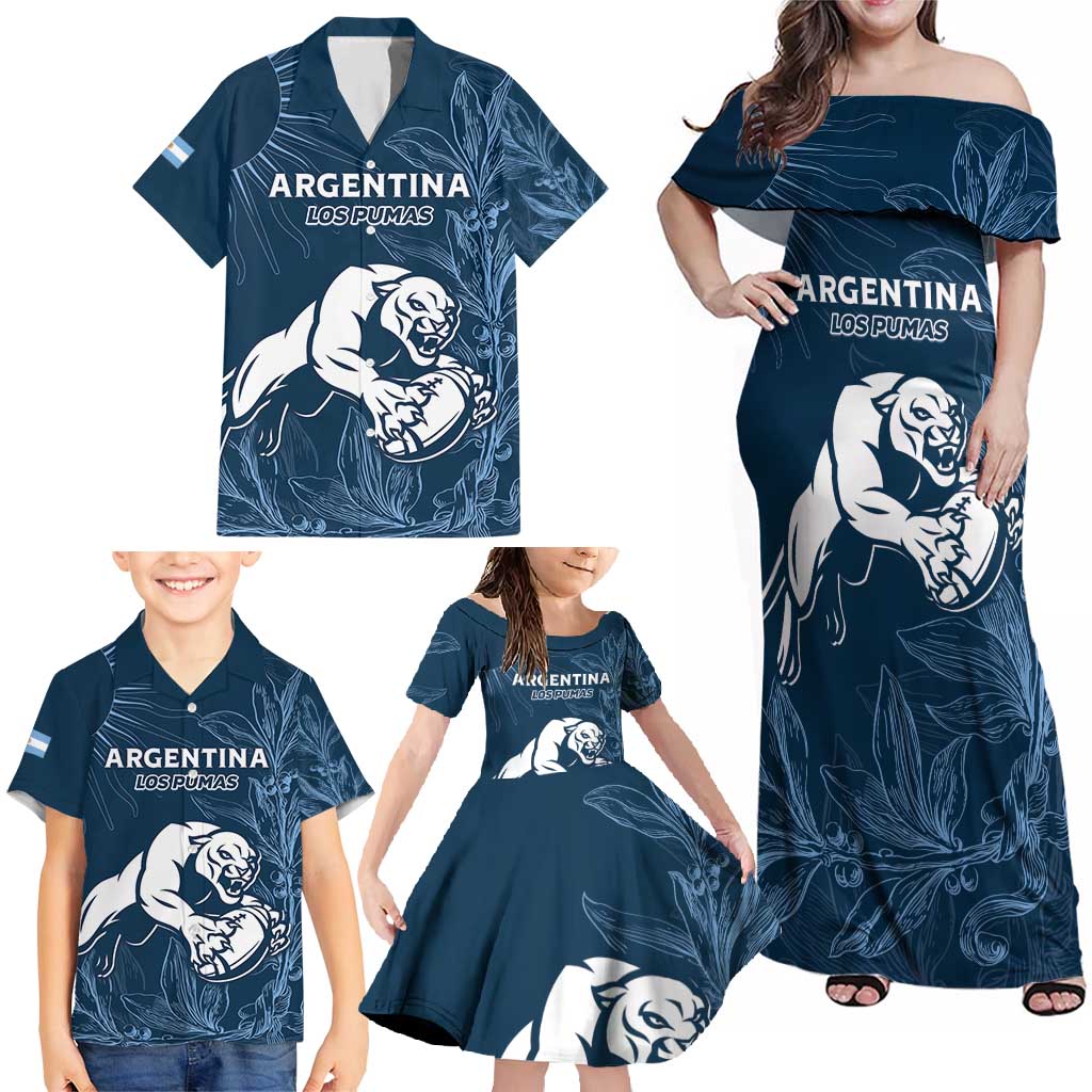 Argentina Rugby Los Pumas Custom Family Matching Off Shoulder Maxi Dress and Hawaiian Shirt Laurel Wreath Inspired - Wonder Print Shop