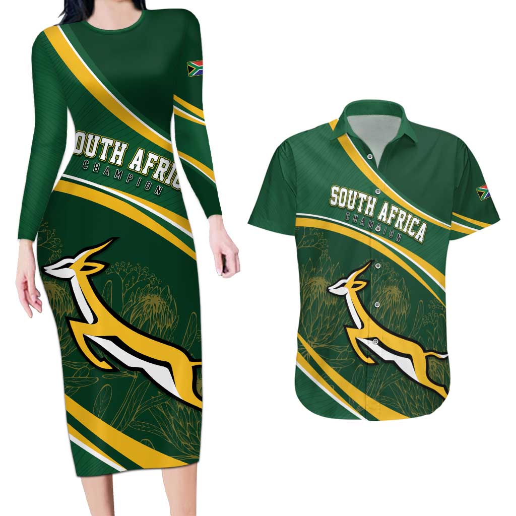 South Africa Rugby Personalized Bokke Couples Matching Long Sleeve Bodycon Dress and Hawaiian Shirt Springboks - Stronger Together - Wonder Print Shop