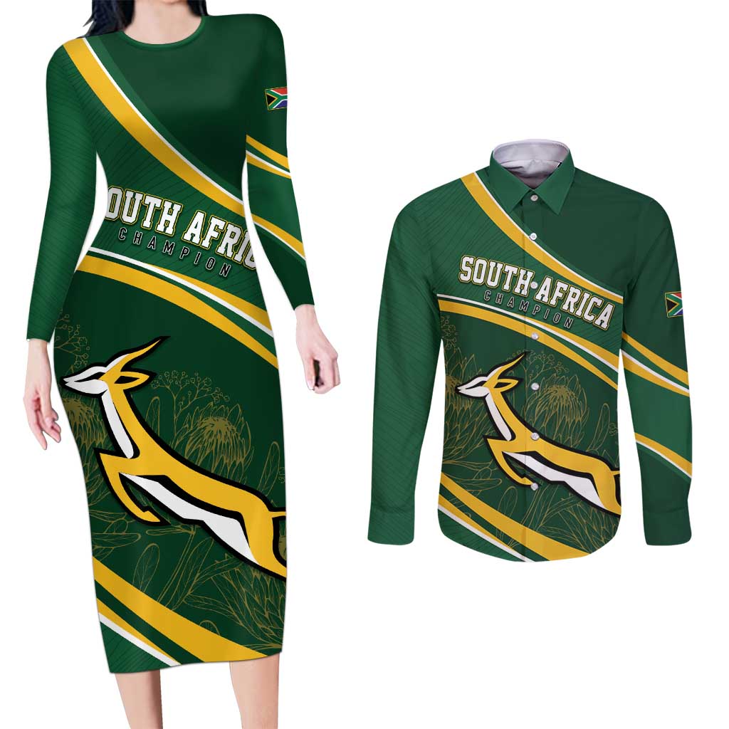 South Africa Rugby Personalized Bokke Couples Matching Long Sleeve Bodycon Dress and Long Sleeve Button Shirt Springboks - Stronger Together - Wonder Print Shop
