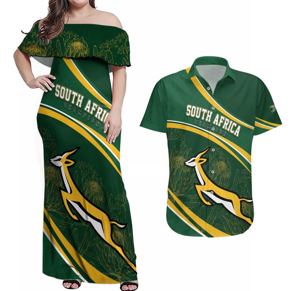 South Africa Rugby Personalized Bokke Couples Matching Off Shoulder Maxi Dress and Hawaiian Shirt Springboks - Stronger Together - Wonder Print Shop
