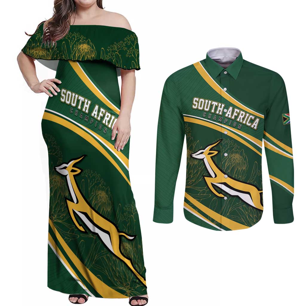 South Africa Rugby Personalized Bokke Couples Matching Off Shoulder Maxi Dress and Long Sleeve Button Shirt Springboks - Stronger Together - Wonder Print Shop