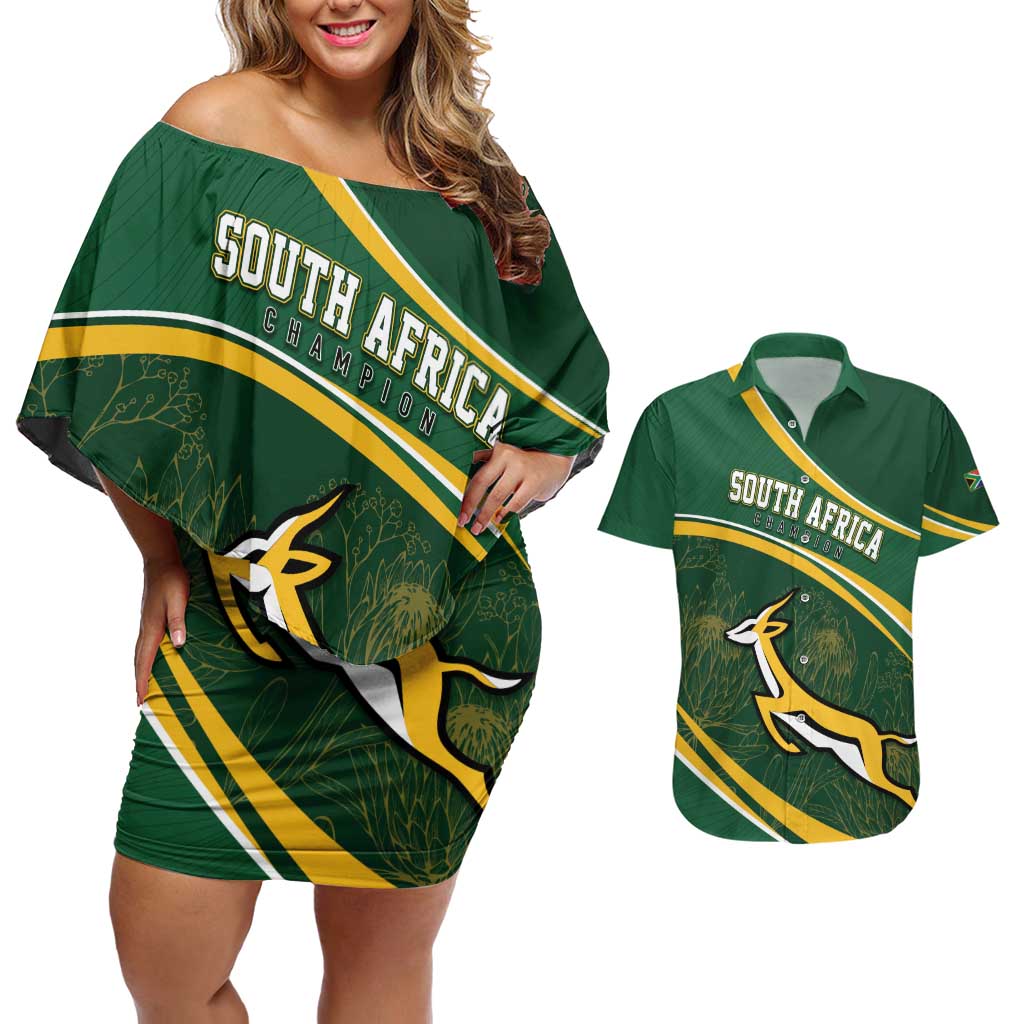 South Africa Rugby Personalized Bokke Couples Matching Off Shoulder Short Dress and Hawaiian Shirt Springboks - Stronger Together - Wonder Print Shop