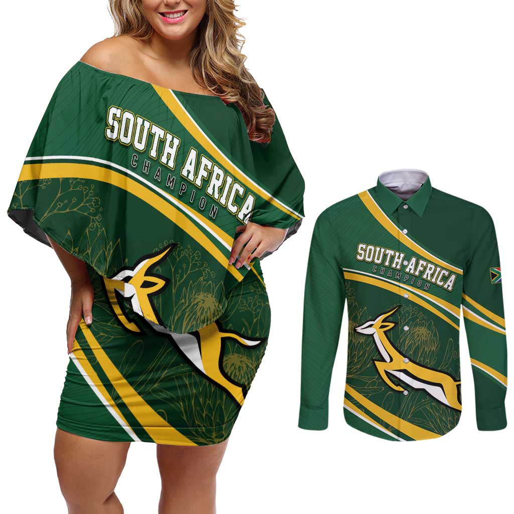 South Africa Rugby Personalized Bokke Couples Matching Off Shoulder Short Dress and Long Sleeve Button Shirt Springboks - Stronger Together - Wonder Print Shop