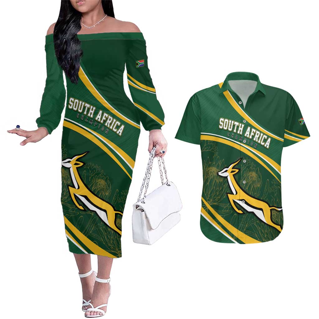 South Africa Rugby Personalized Bokke Couples Matching Off The Shoulder Long Sleeve Dress and Hawaiian Shirt Springboks - Stronger Together - Wonder Print Shop
