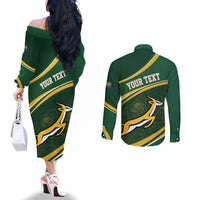 South Africa Rugby Personalized Bokke Couples Matching Off The Shoulder Long Sleeve Dress and Long Sleeve Button Shirt Springboks - Stronger Together - Wonder Print Shop
