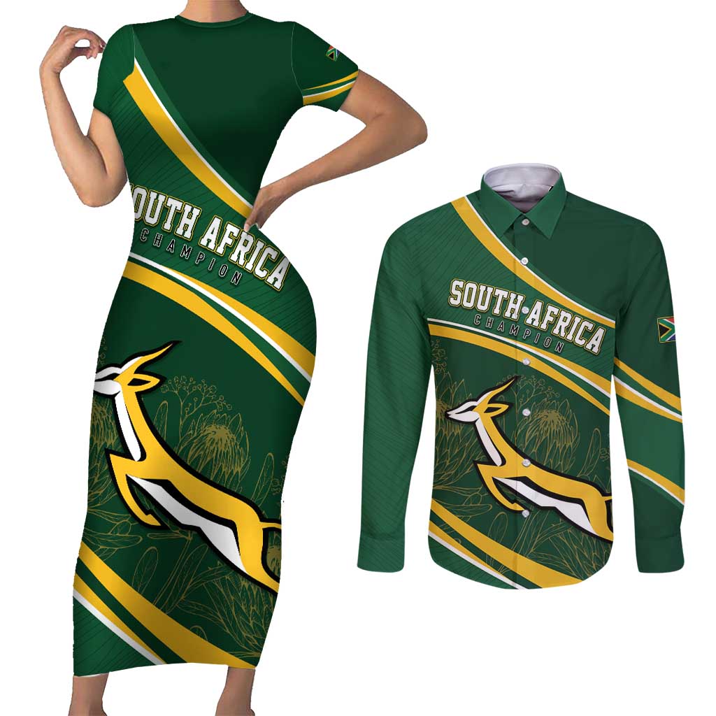 South Africa Rugby Personalized Bokke Couples Matching Short Sleeve Bodycon Dress and Long Sleeve Button Shirt Springboks - Stronger Together - Wonder Print Shop