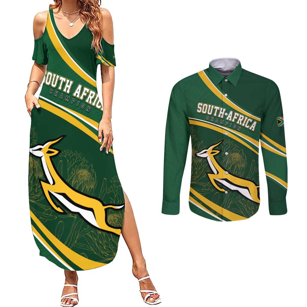 South Africa Rugby Personalized Bokke Couples Matching Summer Maxi Dress and Long Sleeve Button Shirt Springboks - Stronger Together - Wonder Print Shop
