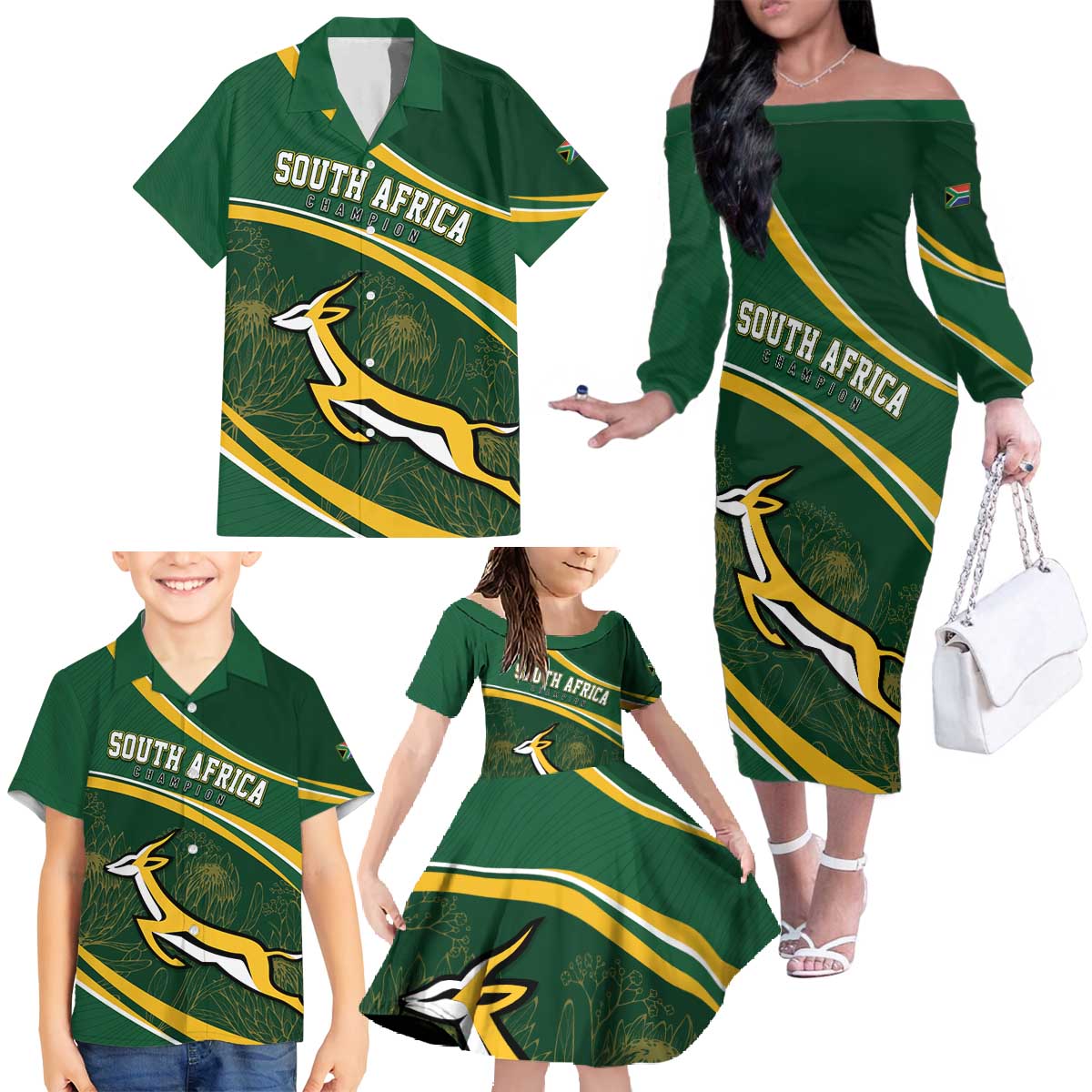 South Africa Rugby Personalized Bokke Family Matching Off The Shoulder Long Sleeve Dress and Hawaiian Shirt Springboks - Stronger Together - Wonder Print Shop